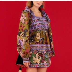 Farm Rio Top Tropical Multi Green Wild Jungle Blouse Long Puff